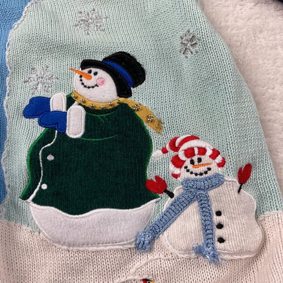 Quacker Factory Snowman Ugly Christmas Sweater Knit Cardigan‎ Womens Sz L Blue - Picture 11 of 16